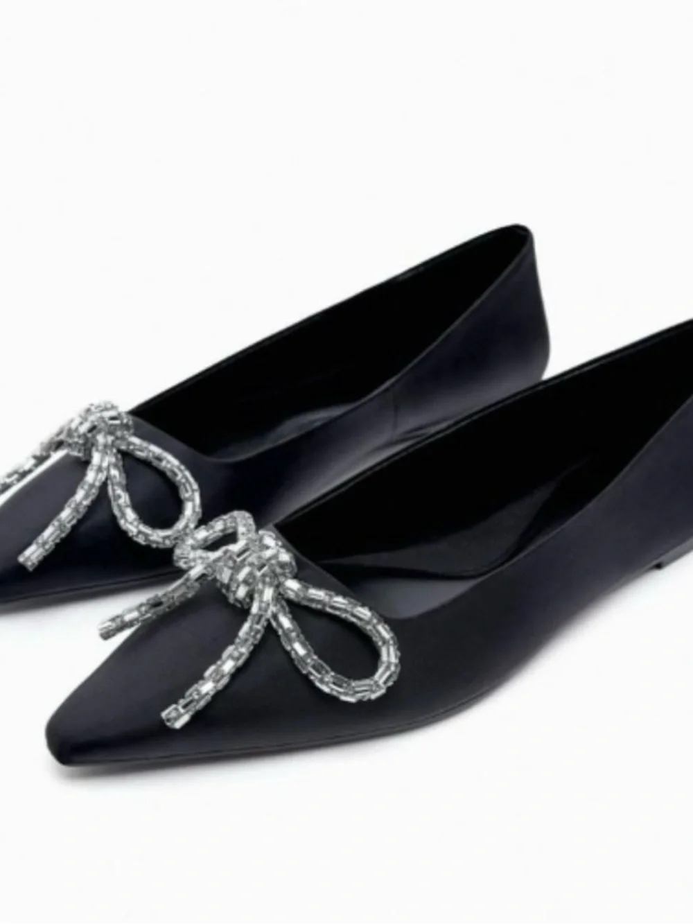Zara Black Satin Ballet Flats with Embellished Bow Size 36 - Picture 2 of 8